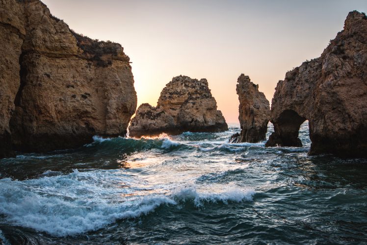Portugal, Lagos, Water, Sunrise, Sun, Europe, Rocks, Cliff, Algarve, Beach HD Wallpaper Desktop Background