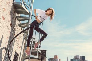 Model Gigi Hadid Poses On The Roof Of A Building For Her Second Campaign For Reebok In New York City