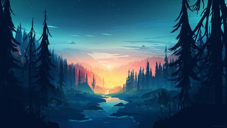 forest, Environment, Lake, Mountains, Digital art, Water, Landscape, Waterfall, Clouds HD Wallpaper Desktop Background
