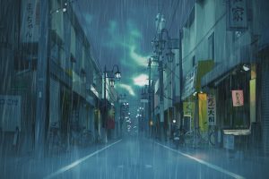 Asian, Japan, Street, Cityscape, Clouds, Rain, Landscape, Illustration