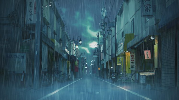 Asian, Japan, Street, Cityscape, Clouds, Rain, Landscape, Illustration HD Wallpaper Desktop Background