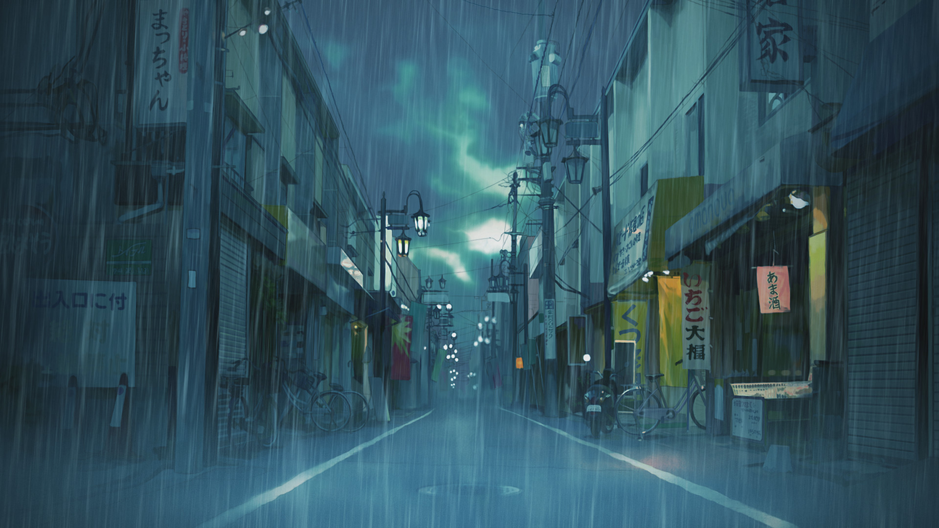 Asian, Japan, Street, Cityscape, Clouds, Rain, Landscape, Illustration
