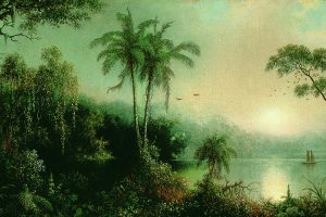 Martin Johnson Heade, Nature, Landscape, Nicaragua, Painting, Artwork, Palm trees, Jungle, Water, Trees, Sailing ship, Clouds