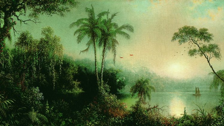 Martin Johnson Heade, Nature, Landscape, Nicaragua, Painting, Artwork, Palm trees, Jungle, Water, Trees, Sailing ship, Clouds HD Wallpaper Desktop Background