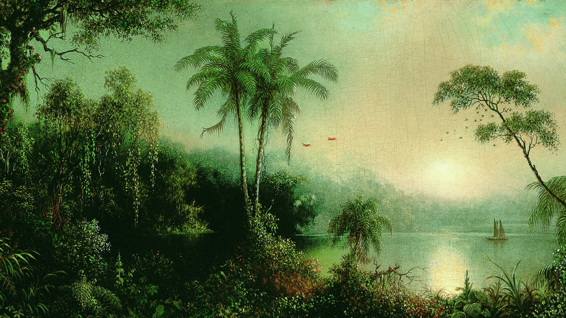 Martin Johnson Heade, Nature, Landscape, Nicaragua, Painting, Artwork, Palm trees, Jungle, Water, Trees, Sailing ship, Clouds Wallpaper