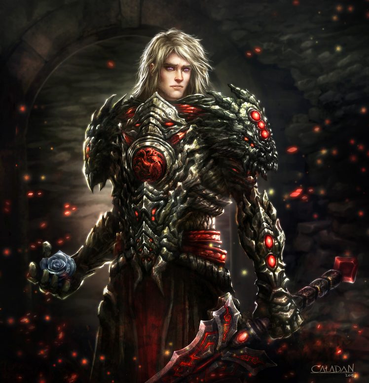 Rhaegar Targaryen, Blonde, A Song of Ice and Fire, Violet eyes, Armor, Blue flowers, Sword HD Wallpaper Desktop Background
