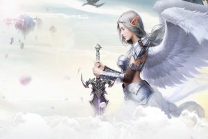elves, War of Rings, Wings, Fantasy weapon, Armor, Clouds, Cropped