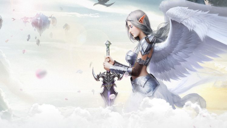 elves, War of Rings, Wings, Fantasy weapon, Armor, Clouds, Cropped HD Wallpaper Desktop Background