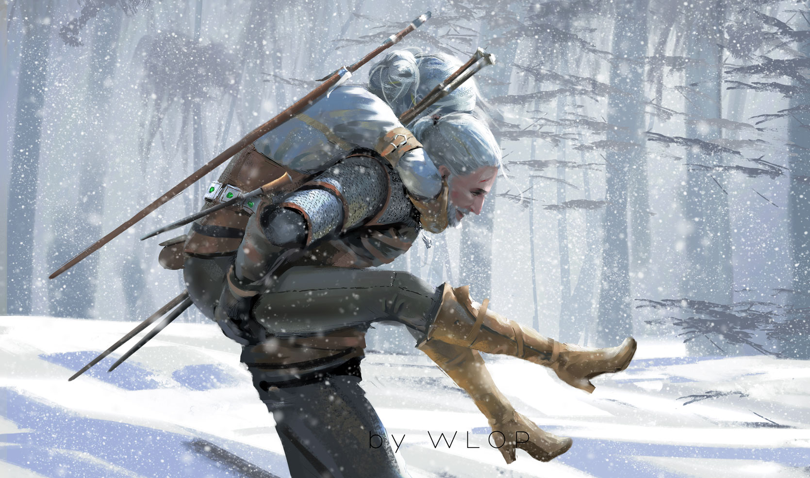 Geralt of Rivia, WLOP, The Witcher 3: Wild Hunt, Cirilla, The Witcher, Girls with swords Wallpaper