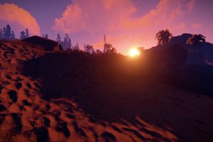 Rust (game), Video games, Sand, Sun rays, Horizon, Palm trees