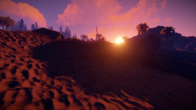 Rust (game), Video games, Sand, Sun rays, Horizon, Palm trees HD Wallpaper Desktop Background