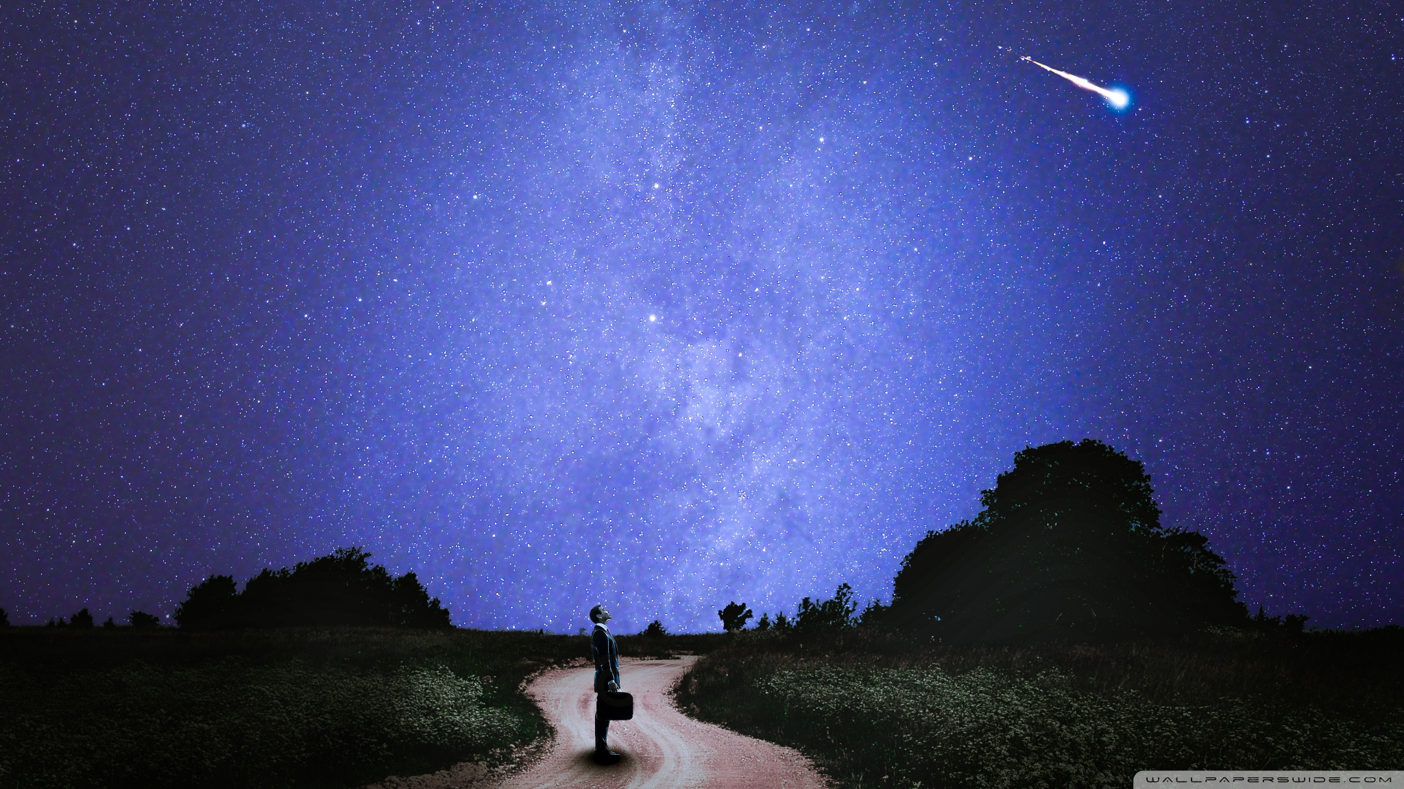 men, Road, Night, Sky, Stars Wallpaper