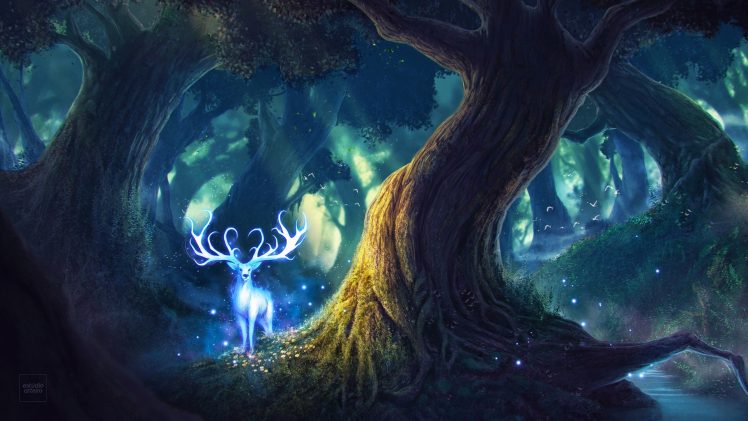 forest, Landscape, Deer, White, Fairy tale HD Wallpaper Desktop Background