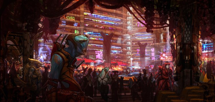 crowds, Ben Mauro, Valerian and the City of a Thousand Planets, Concept cars, Big Market, Aliens, Colorful, Science fiction HD Wallpaper Desktop Background