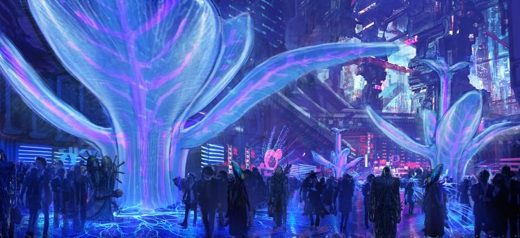 crowds, Ben Mauro, Valerian and the City of a Thousand Planets, Concept cars, Big Market, Aliens, Science fiction, Plants HD Wallpaper Desktop Background