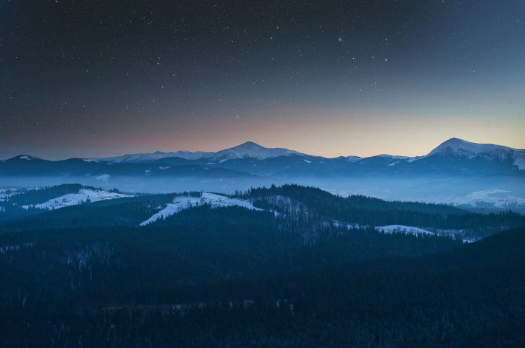 forest, Sky, Landscape, Mountains, Nature, Snow, Stars, Pine trees, Summit, Ice, Mist, Outdoors HD Wallpaper Desktop Background