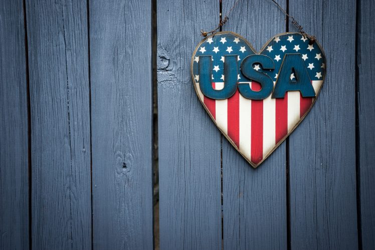 heart, Flag, Wooden surface, USA HD Wallpaper Desktop Background