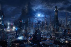 futuristic, City, Moonlight, Clouds, Night, Building, Bladerunner