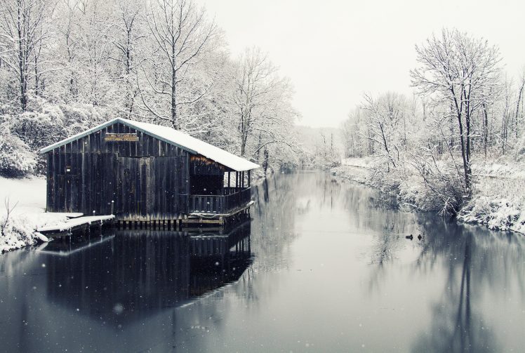 river, Hut, Water, Winter HD Wallpaper Desktop Background