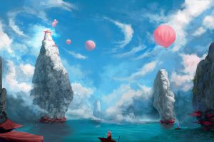 digital art, Clouds, Hot air balloons