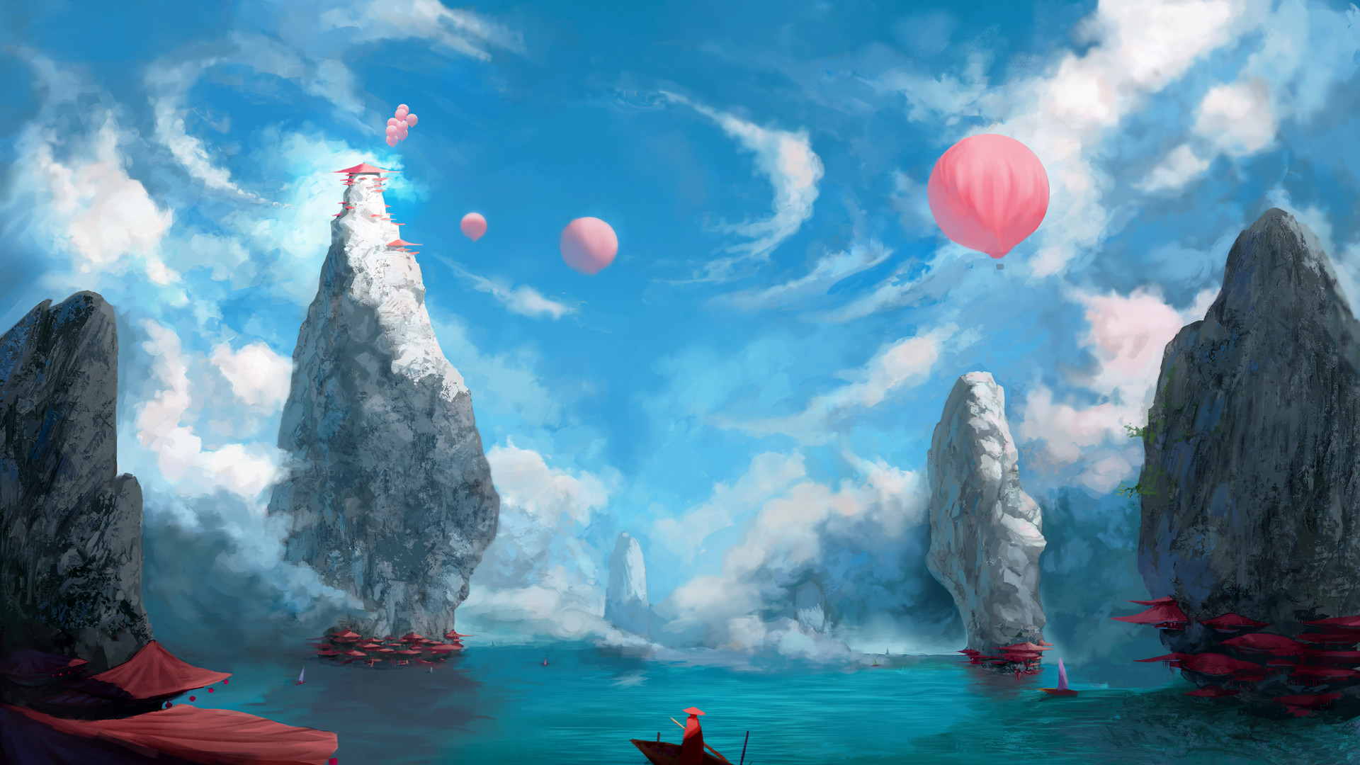 digital art, Clouds, Hot air balloons Wallpaper