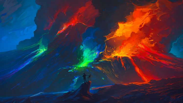 digital art, Volcano, Smoke, Lava, Painting, Colourfull HD Wallpaper Desktop Background