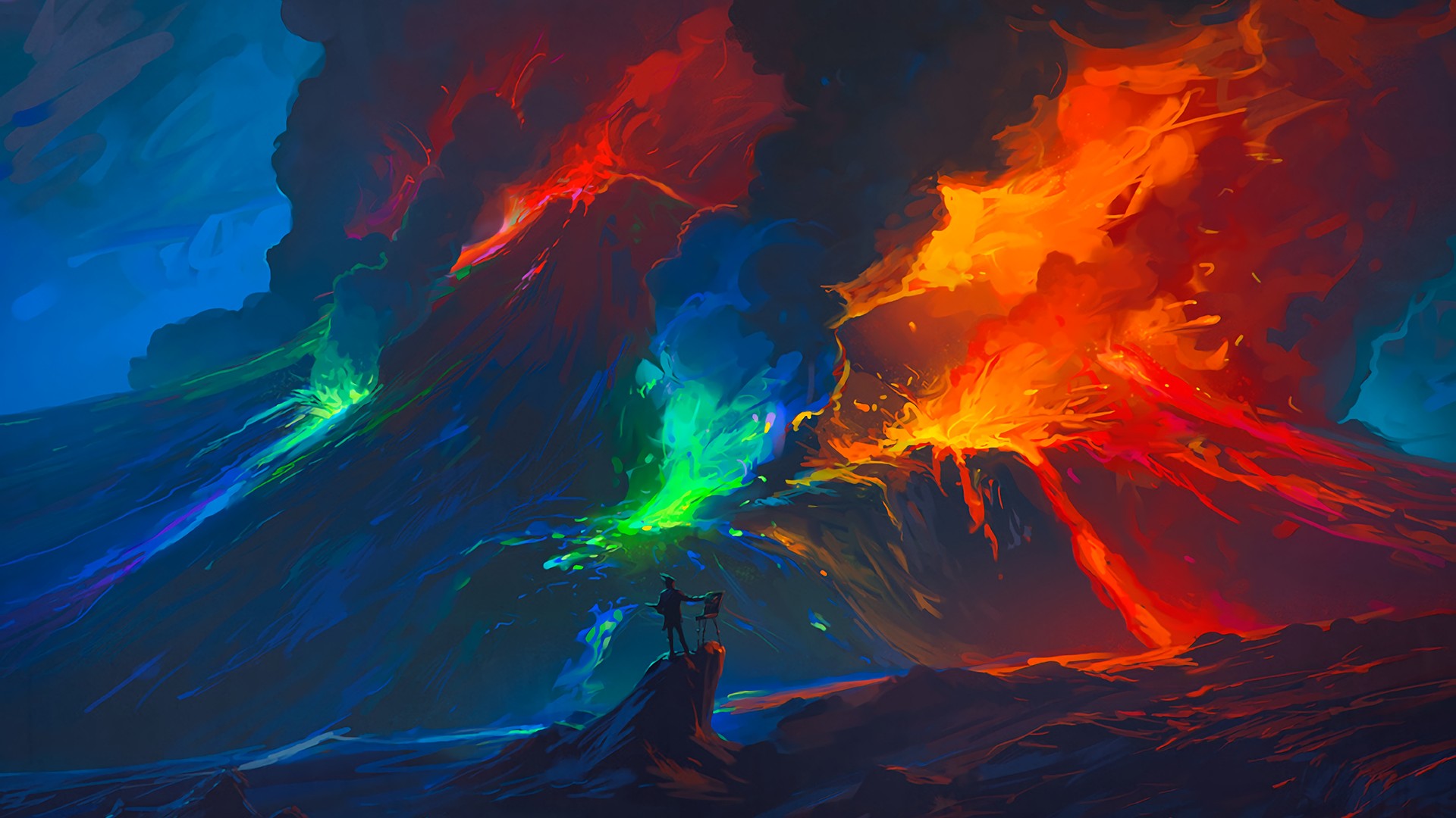 digital art, Volcano, Smoke, Lava, Painting, Colourfull Wallpaper