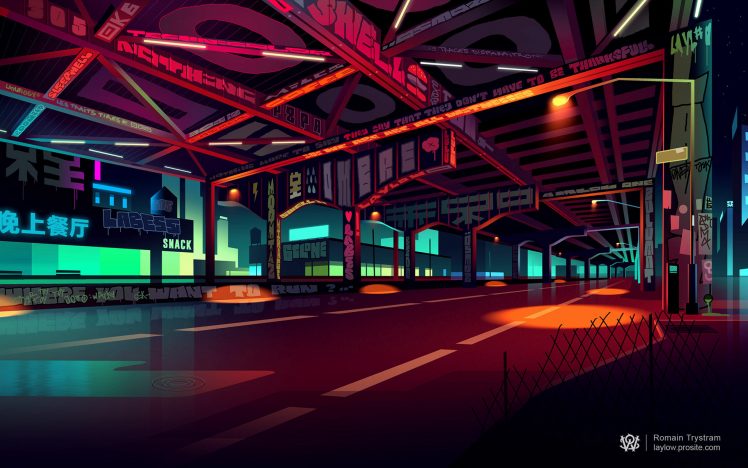 Romain Trystam, Digital art, Cityscape, City lights, Colorful, Street, Street light HD Wallpaper Desktop Background