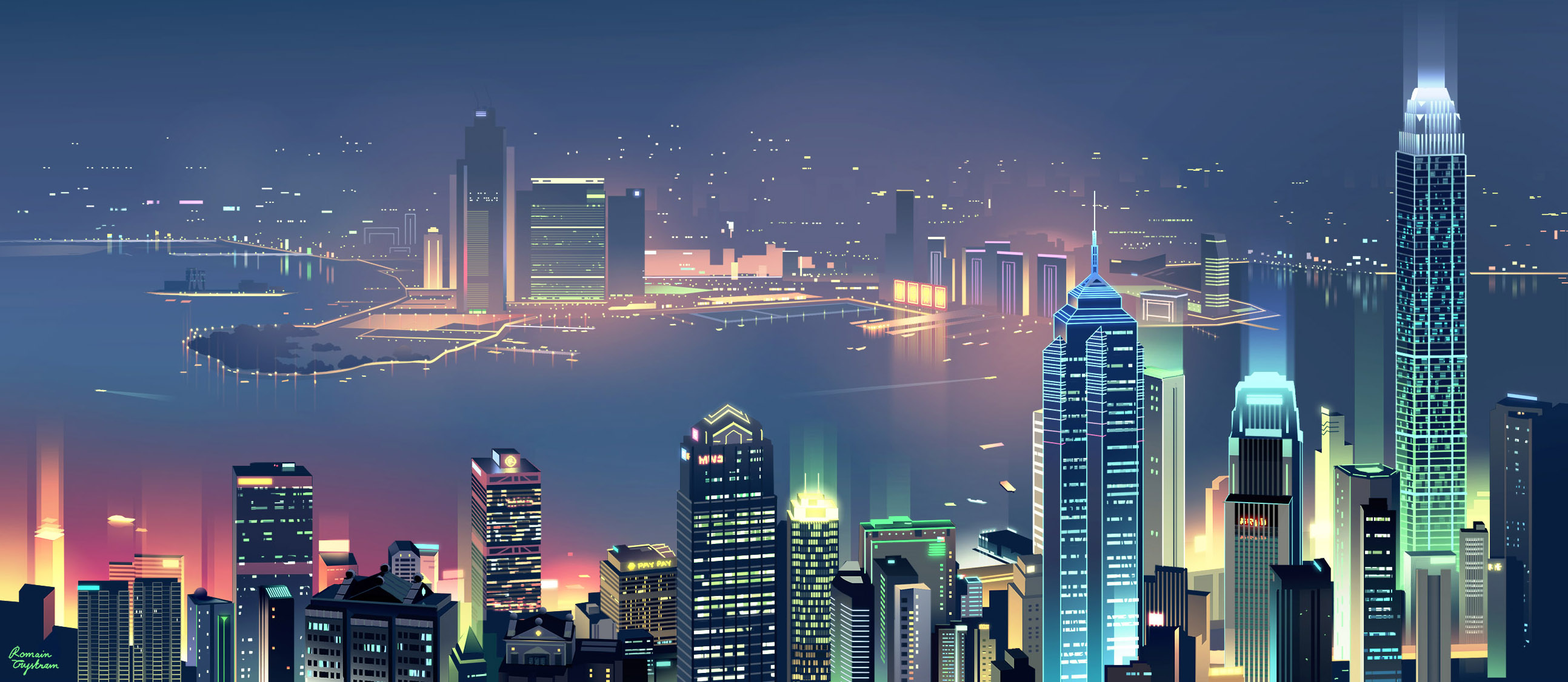 Romain Trystam, Digital art, Cityscape, City lights, Colorful, Skyline, Hong Kong Wallpaper