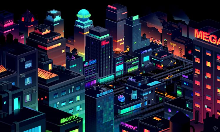 Romain Trystam, Digital art, Cityscape, City lights, Colorful, Futuristic, Futuristic city HD Wallpaper Desktop Background