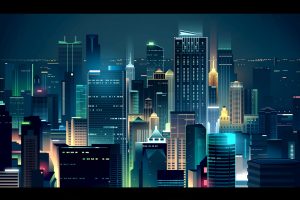 Romain Trystam, Digital art, Cityscape, City lights, Colorful, Skyline