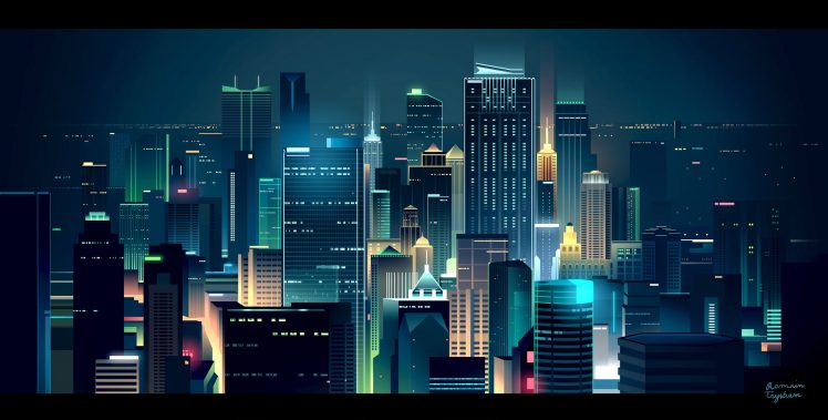 Romain Trystam, Digital art, Cityscape, City lights, Colorful, Skyline HD Wallpaper Desktop Background