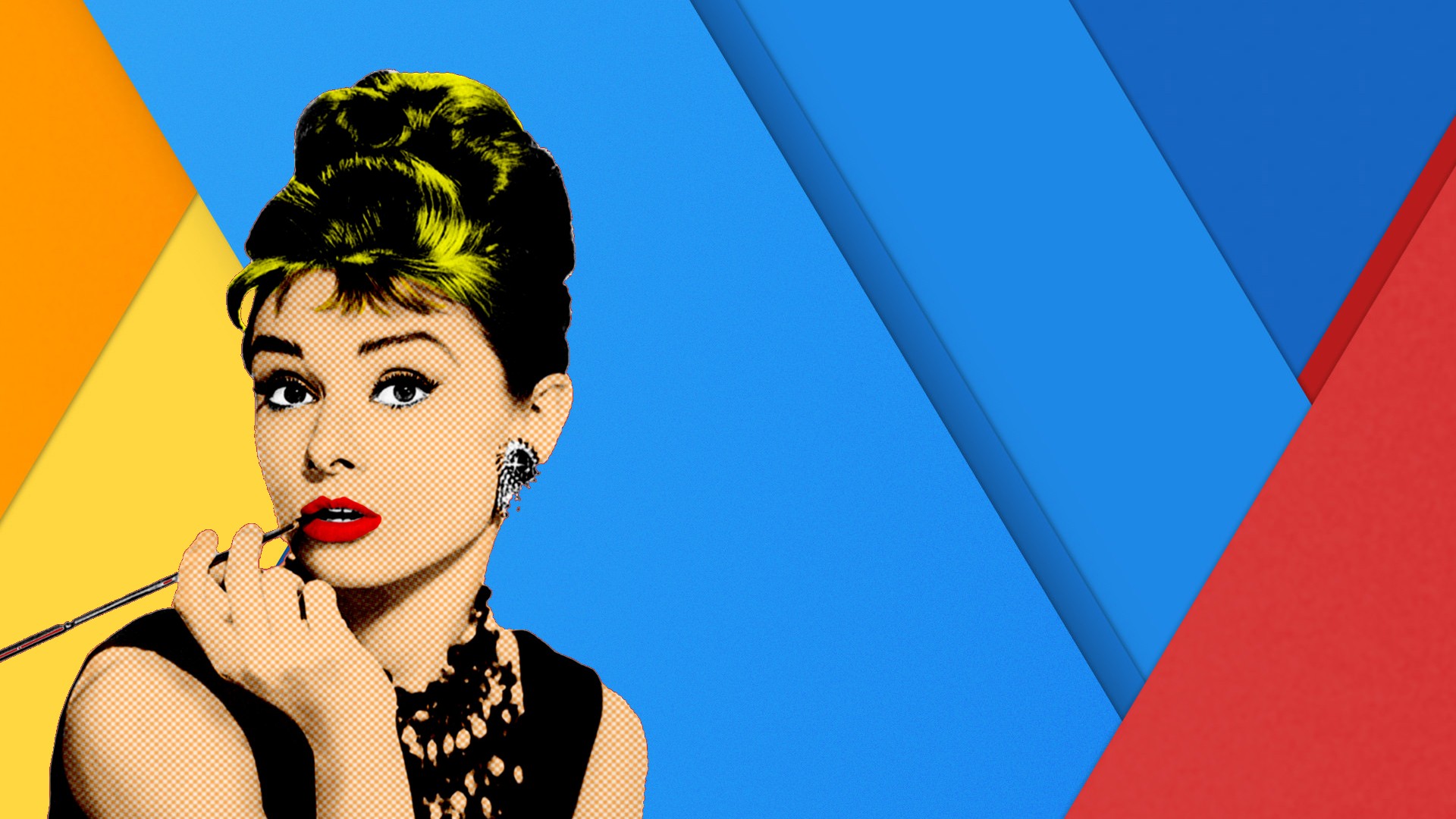 women, Audrey Hepburn, Pop art, Flatdesign, Artwork, Yellow, Blue, Red Wallpaper