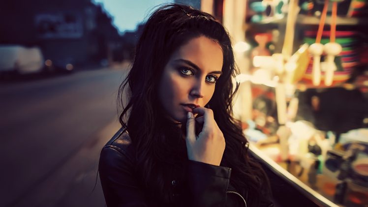 model, Women, Long hair, Aurela Skandaj, Blue eyes, Women outdoors, Portrait, Leather jackets HD Wallpaper Desktop Background