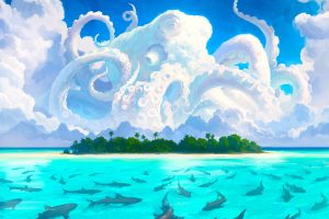 digital art, Artwork, Painting, Octopus, Island, Shark