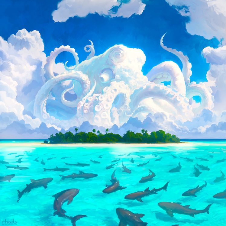 digital art, Artwork, Painting, Octopus, Island, Shark HD Wallpaper Desktop Background