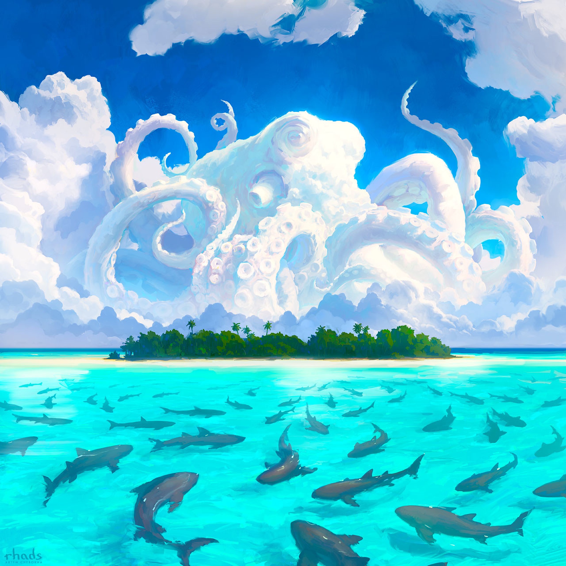 digital art, Artwork, Painting, Octopus, Island, Shark Wallpaper