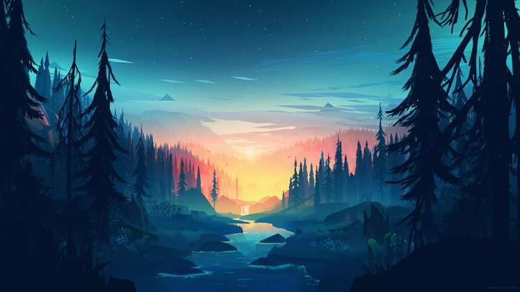 Mikael Gustafsson, Artwork, Landscape, Forest, River, Trees HD Wallpaper Desktop Background