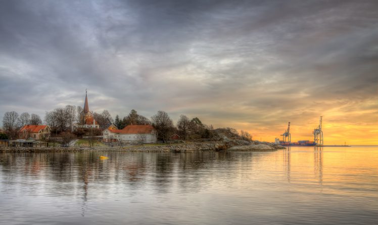 church, Water, River, Larvik, Norway, HDR, Cranes (machine) HD Wallpaper Desktop Background