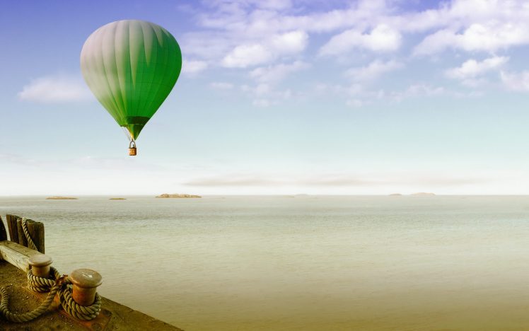 nature, Clouds, Sky, Photo manipulation, Sea, Hot air balloons, Ropes, Landscape, Horizon HD Wallpaper Desktop Background