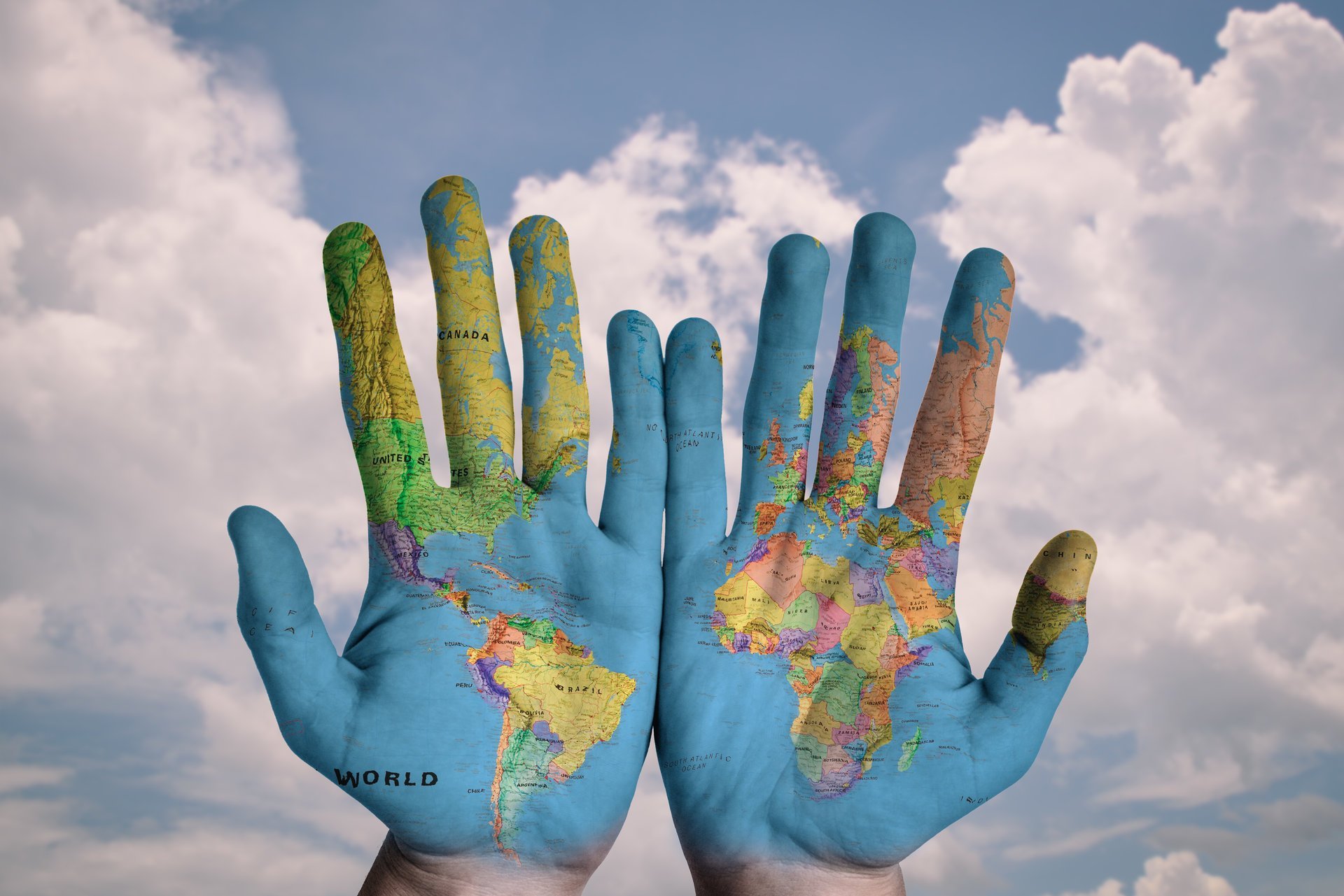hands, Nature, Clouds, Sky, World map, Map, Continents, North America, Europe, South America, Africa Wallpaper