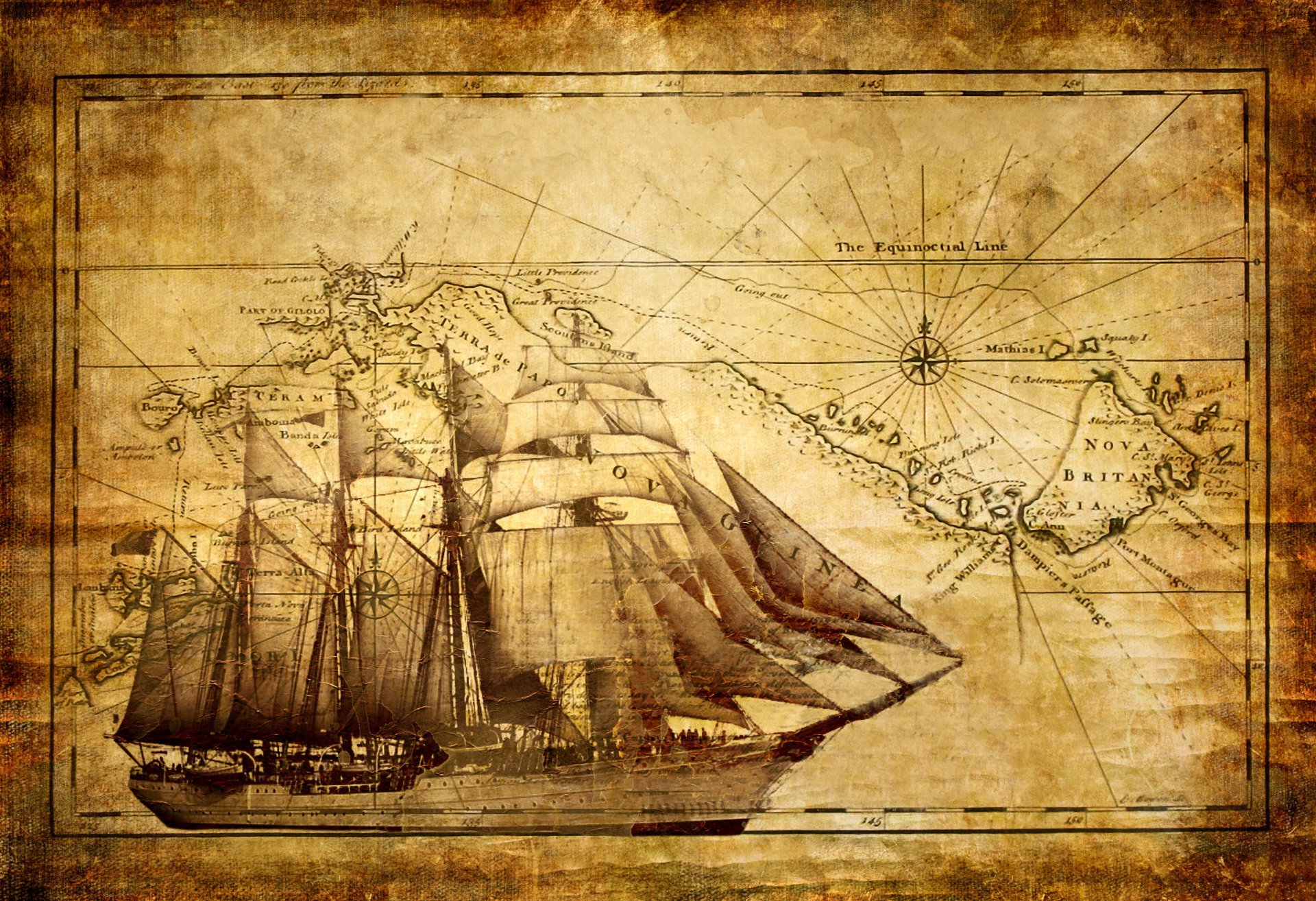 sea, Ship, Map, Sailing ship, Vintage, Old paper, Island, Papua New Guinea Wallpaper