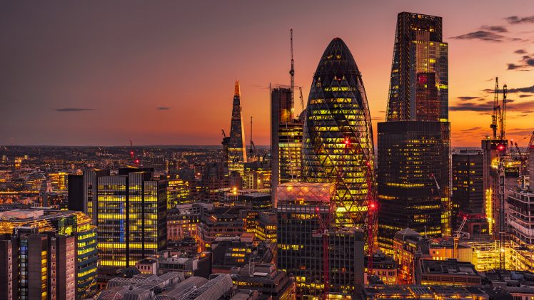 sunset, Skyscraper, Building, Modern, London, England, UK, Cranes (machine), Evening, Cityscape HD Wallpaper Desktop Background