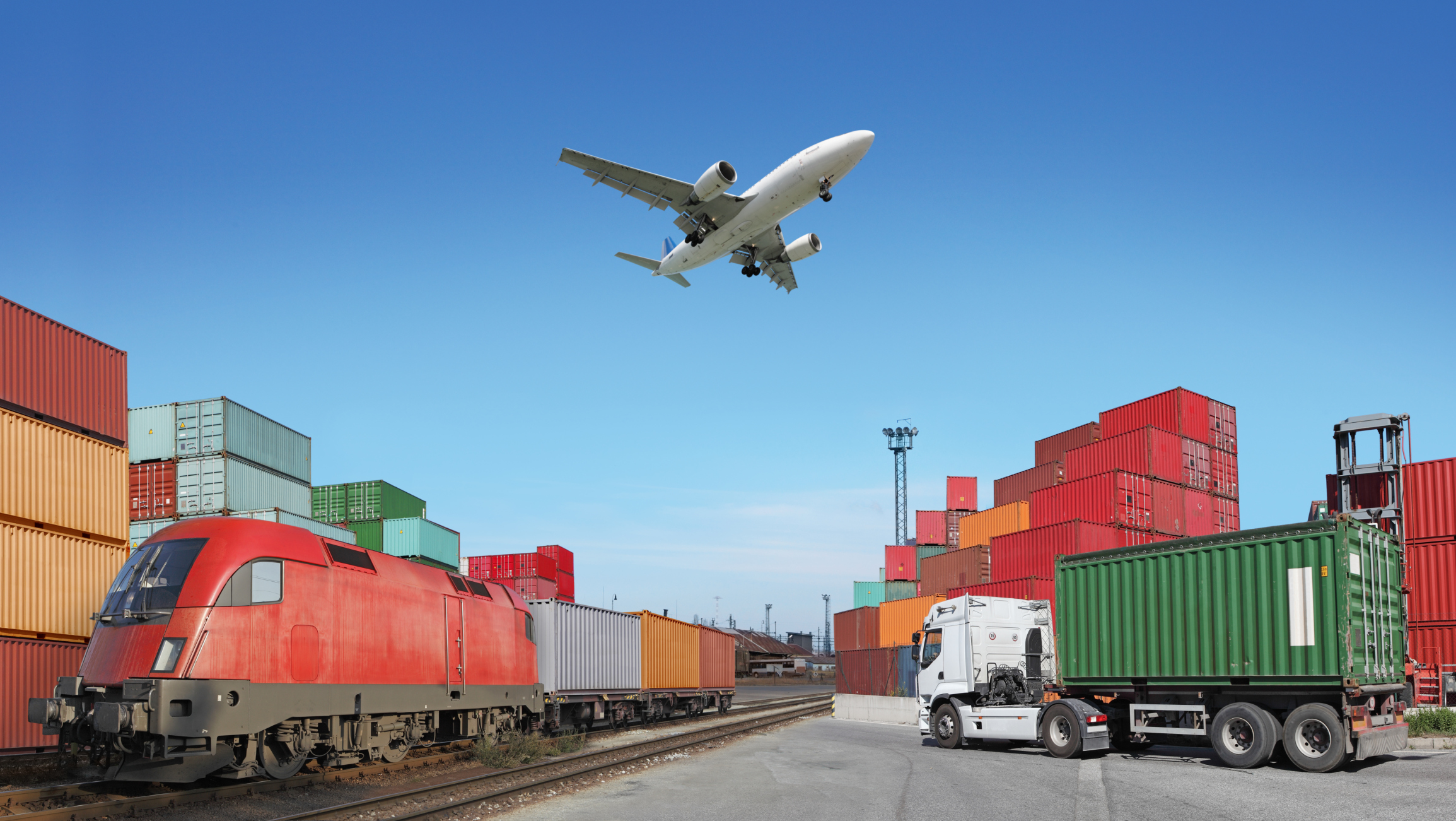 containers, Airplane, Sky, Colorful, Truck, Vehicle, Railway, Train, Diesel locomotive, Clear sky, Industrial Wallpaper