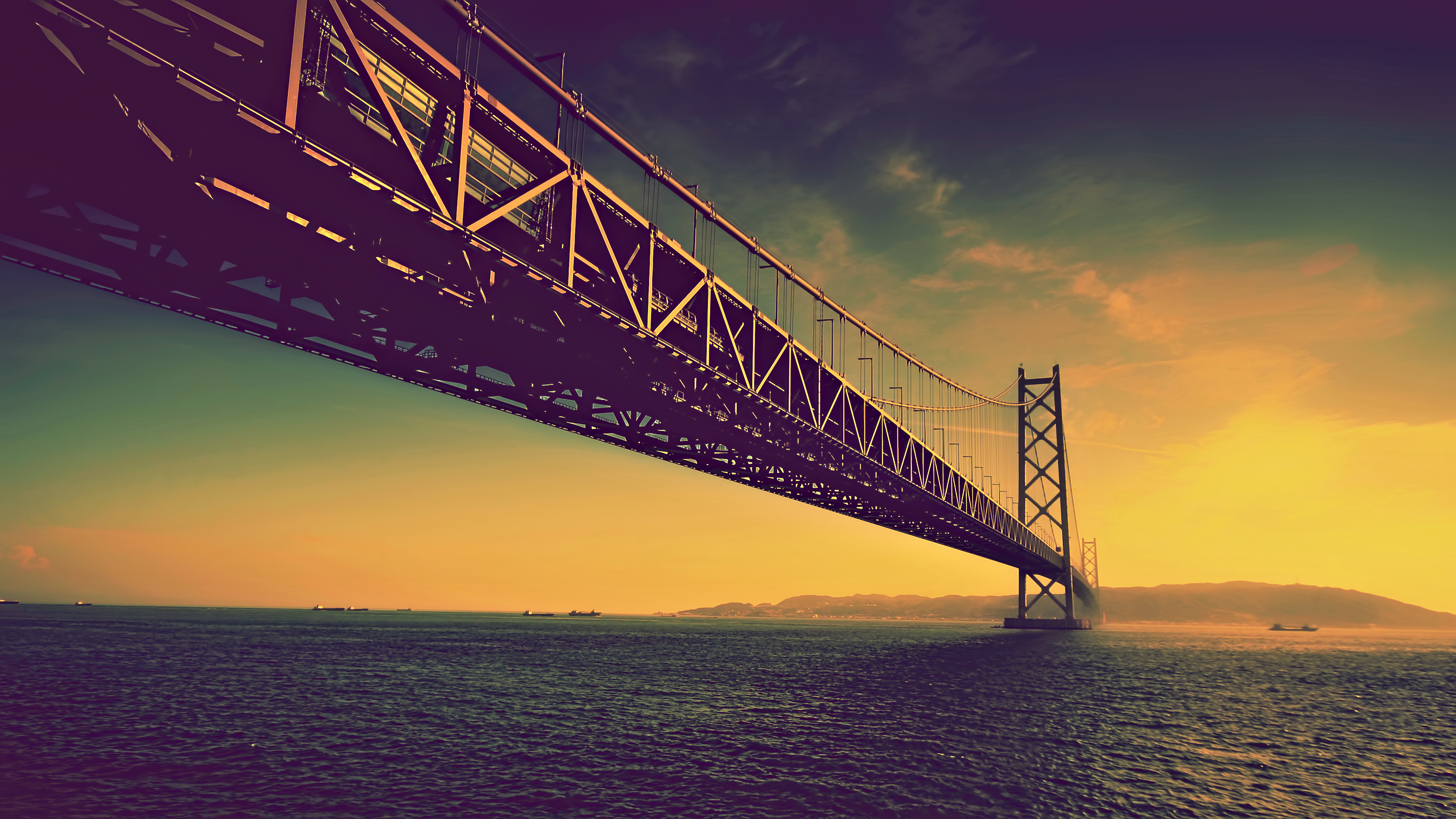 bridge, Sunset, Sea Wallpaper