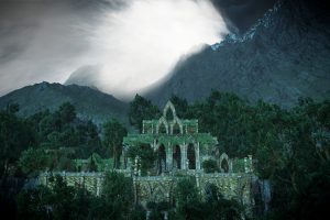 digital art, Nature, Landscape, Hills, Clouds, Mountains, The Witcher 3: Wild Hunt, Video games, Palace, Trees, Forest, Overgrown, Snowy peak, The Witcher
