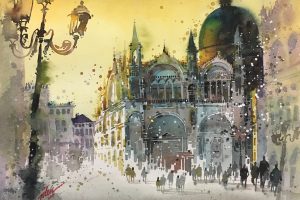 Tilen Ti, Crowds, Artwork, Architecture, Watercolor, Cathedral, Venice, Italy, Street light, Building, Splashes, Painting, Town square, Dome