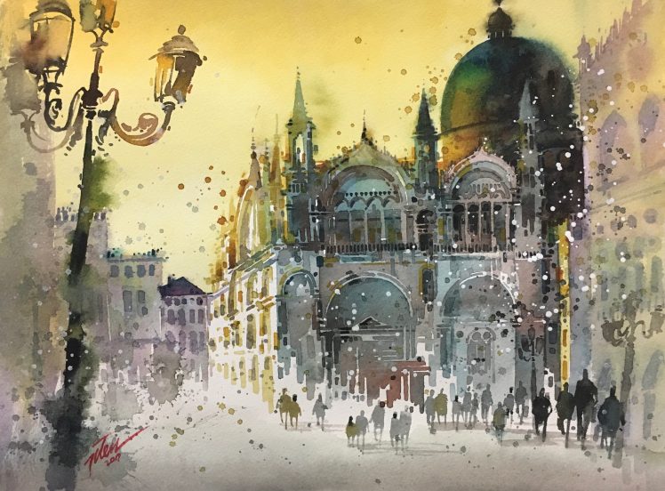 Tilen Ti, Crowds, Artwork, Architecture, Watercolor, Cathedral, Venice, Italy, Street light, Building, Splashes, Painting, Town square, Dome HD Wallpaper Desktop Background