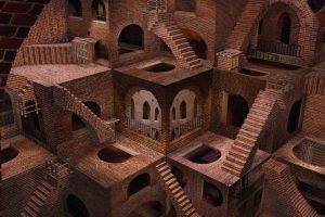 M. C. Escher, Digital art, Optical illusion, Brown, Stairs, Building, Bricks, Surreal, 3D, Fence, Arch, CGI