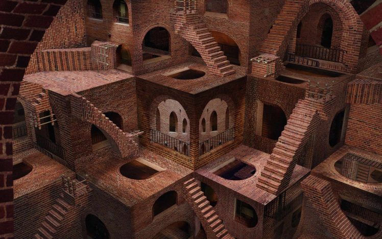M. C. Escher, Digital art, Optical illusion, Brown, Stairs, Building, Bricks, Surreal, 3D, Fence, Arch, CGI HD Wallpaper Desktop Background